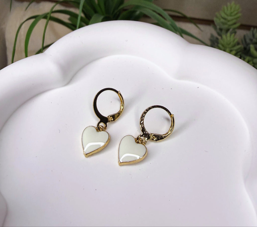 Small Gold Heart Dangle Earrings | Lightweight Enamel, Pearl, and Crystal Heart Huggies | Valentine’s & Anniversary Jewelry Gift